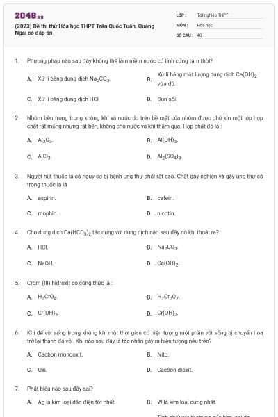 (2023) Đề thi thử Hóa học THPT Trần Quốc Tuấn, Quảng Ngãi có đáp án