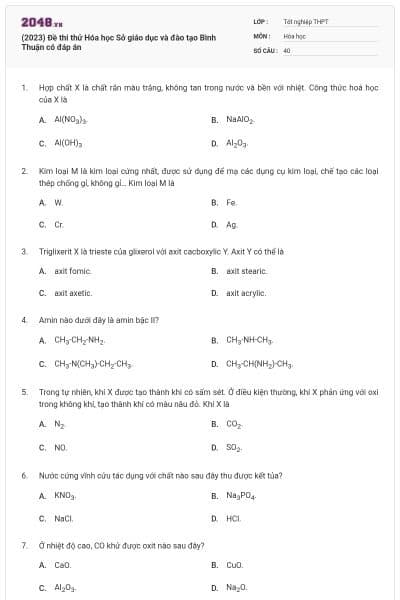 (2023) Đề thi thử Hóa học Sở giáo dục và đào tạo Bình Thuận có đáp án