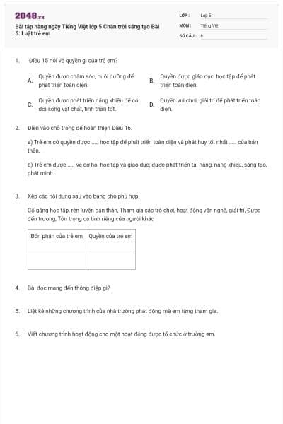 Bài tập hàng ngày Tiếng Việt lớp 5 Chân trời sáng tạo Bài 6: Luật trẻ em