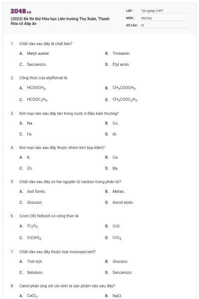 (2023) Đề thi thử Hóa học Liên trường Thọ Xuân, Thanh Hóa có đáp án