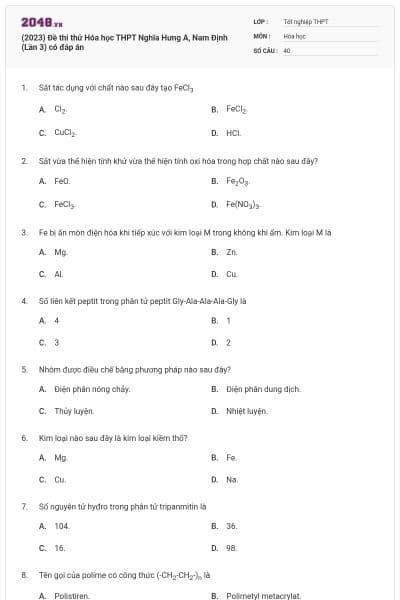 (2023) Đề thi thử Hóa học THPT Nghĩa Hưng A, Nam Định (Lần 3) có đáp án