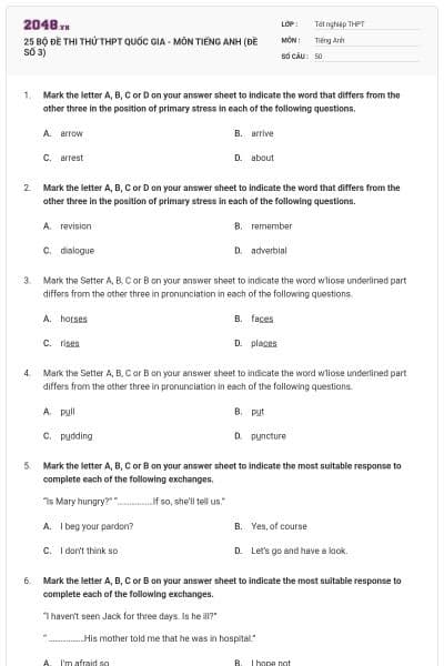 25 BỘ ĐỀ THI THỬ THPT QUỐC GIA - MÔN TIẾNG ANH (ĐỀ SỐ 3)
