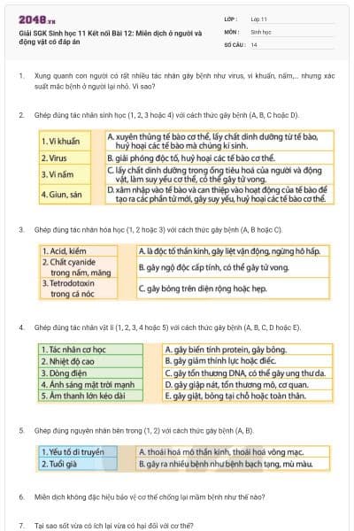 Giải SGK Sinh học 11 Kết nối Bài 12: Miễn dịch ở người và động vật có đáp án