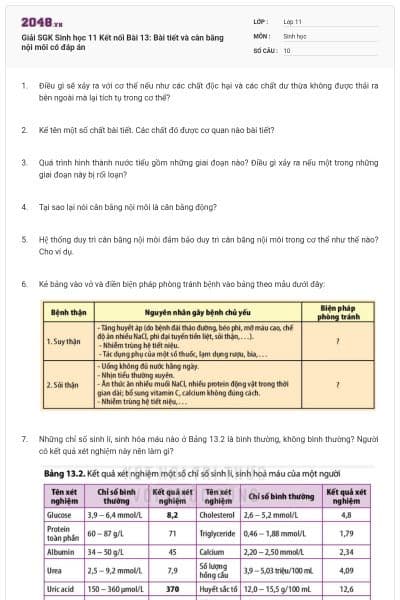 Giải SGK Sinh học 11 Kết nối Bài 13: Bài tiết và cân bằng nội môi có đáp án