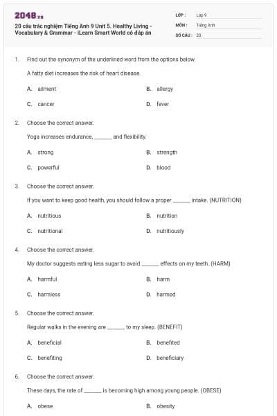 20 câu trắc nghiệm Tiếng Anh 9 Unit 5. Healthy Living - Vocabulary & Grammar - iLearn Smart World có đáp án