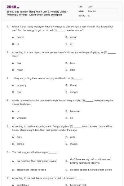 20 câu trắc nghiệm Tiếng Anh 9 Unit 5. Healthy Living - Reading & Writing - iLearn Smart World có đáp án