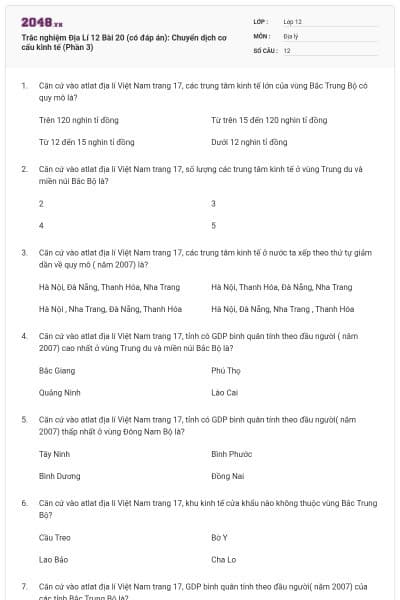 Trắc nghiệm Địa Lí 12 Bài 20 (có đáp án): Chuyển dịch cơ cấu kinh tế (Phần 3)