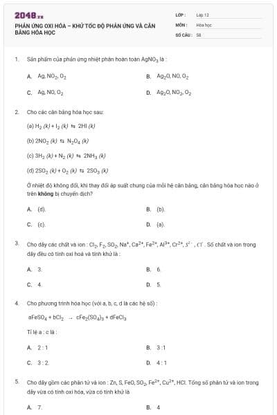 PHẢN ỨNG OXI HÓA – KHỬ TỐC ĐỘ PHẢN ỨNG VÀ CÂN BẰNG HÓA HỌC
