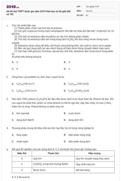 Đề thi thử THPT Quốc gia năm 2019 Hóa học có lời giải (Đề số 18)