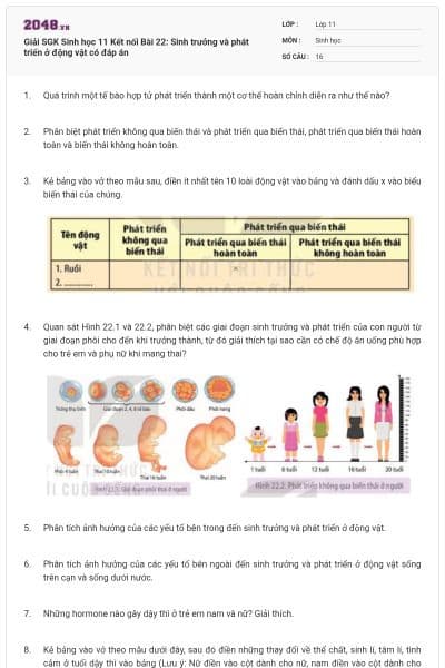 Giải SGK Sinh học 11 Kết nối Bài 22: Sinh trưởng và phát triển ở động vật có đáp án