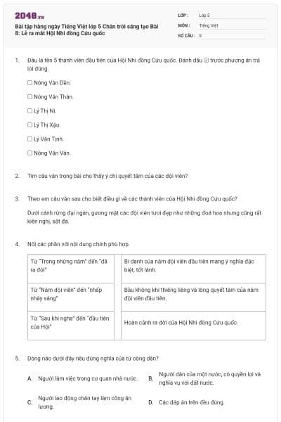 Bài tập hàng ngày Tiếng Việt lớp 5 Chân trời sáng tạo Bài 8: Lễ ra mắt Hội Nhi đồng Cứu quốc