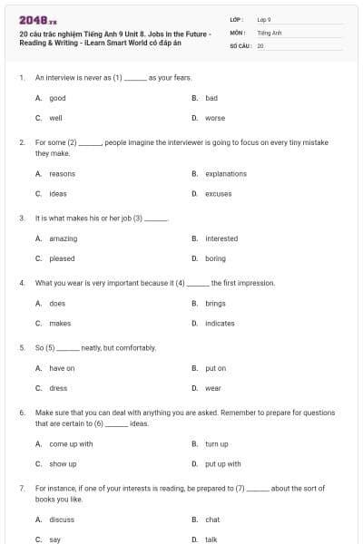 20 câu trắc nghiệm Tiếng Anh 9 Unit 8. Jobs in the Future - Reading & Writing - iLearn Smart World có đáp án
