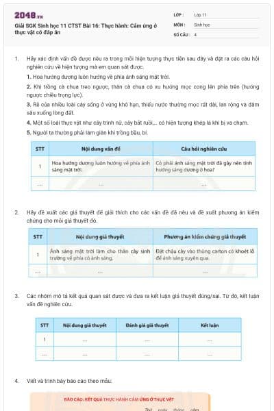 Giải SGK Sinh học 11 CTST Bài 16: Thực hành: Cảm ứng ở thực vật có đáp án