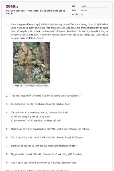 Giải SGK Sinh học 11 CTST Bài 18: Tập tính ở động vật có đáp án