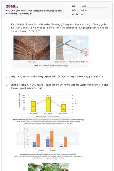 Giải SGK Sinh học 11 CTST Bài 20: Sinh trưởng và phát triển ở thực vật có đáp án