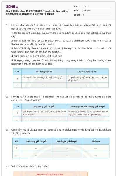 Giải SGK Sinh học 11 CTST Bài 22: Thực hành: Quan sát sự sinh trưởng và phát triển ở sinh vật có đáp án
