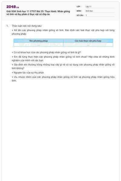 Giải SGK Sinh học 11 CTST Bài 25: Thực hành: Nhân giống vô tính và thụ phấn ở thực vật có đáp án