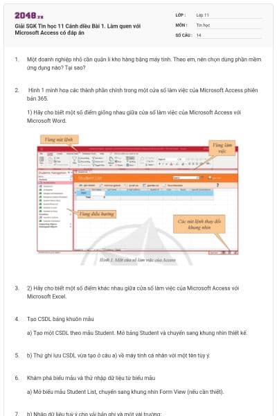 Giải SGK Tin học 11 Cánh diều Bài 1. Làm quen với Microsoft Access có đáp án