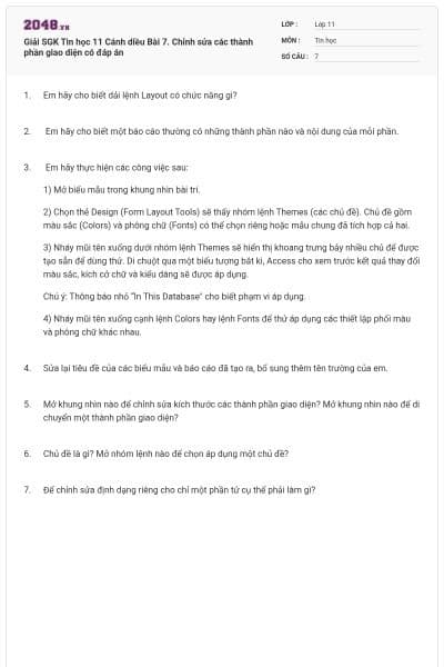 Giải SGK Tin học 11 Cánh diều Bài 7.  Chỉnh sửa các thành phần giao diện có đáp án
