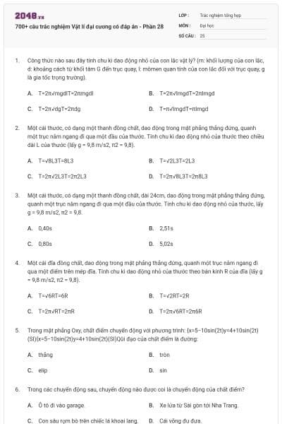 700+ câu trắc nghiệm Vật lí đại cương có đáp án - Phần 28