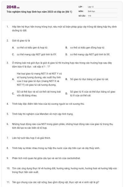 Trắc nghiệm tổng hợp Sinh học năm 2023 có đáp án (Đề 1)
