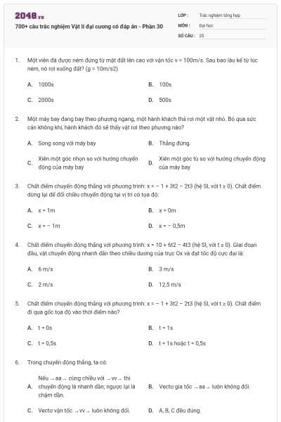 700+ câu trắc nghiệm Vật lí đại cương có đáp án - Phần 30