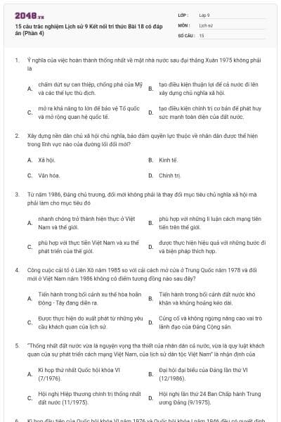 15 câu trắc nghiệm Lịch sử 9 Kết nối tri thức Bài 18 có đáp án (Phần 4)