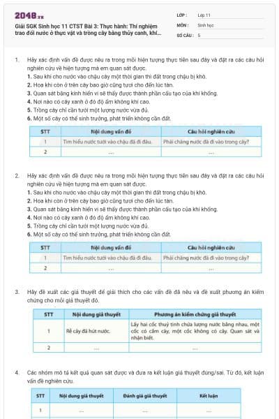Giải SGK Sinh học 11 CTST Bài 3: Thực hành: Thí nghiệm trao đổi nước ở thực vật và trồng cây bằng thủy canh, khí canh có đáp án