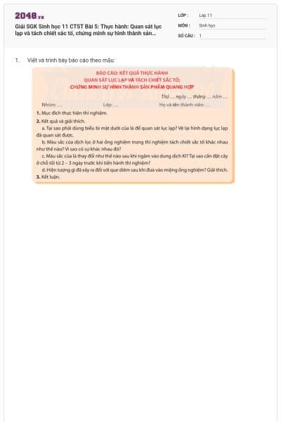 Giải SGK Sinh học 11 CTST Bài 5: Thực hành: Quan sát lục lạp và tách chiết sắc tố, chứng minh sự hình thành sản phẩm quang hợp có đáp án