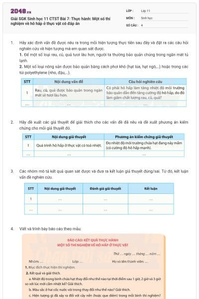 Giải SGK Sinh học 11 CTST Bài 7: Thực hành: Một số thí nghiệm về hô hấp ở thực vật có đáp án
