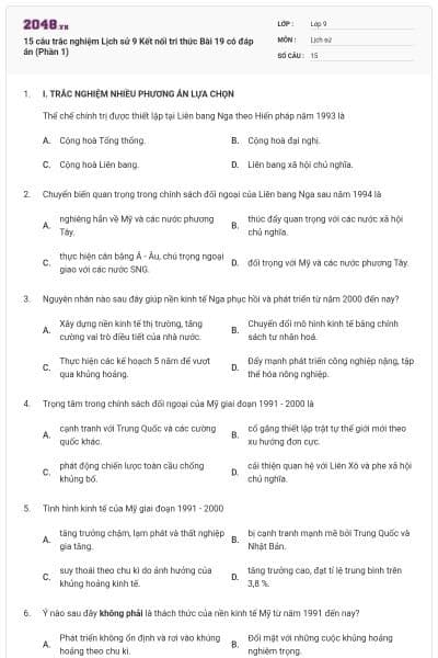 15 câu trắc nghiệm Lịch sử 9 Kết nối tri thức Bài 19 có đáp án (Phần 1)
