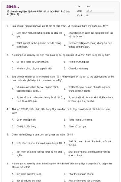 15 câu trắc nghiệm Lịch sử 9 Kết nối tri thức Bài 19 có đáp án (Phần 2)