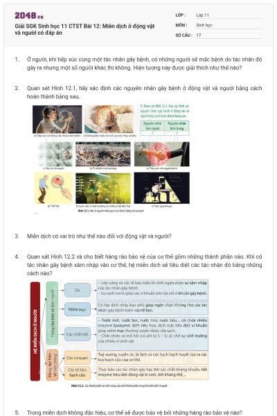 Giải SGK Sinh học 11 CTST Bài 12: Miễn dịch ở động vật và người có đáp án