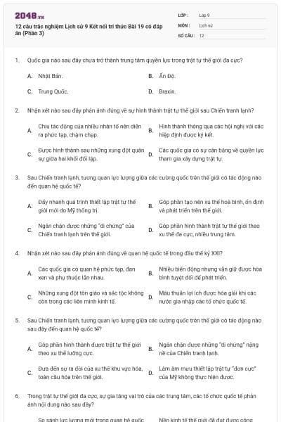 12 câu trắc nghiệm Lịch sử 9 Kết nối tri thức Bài 19 có đáp án (Phần 3)