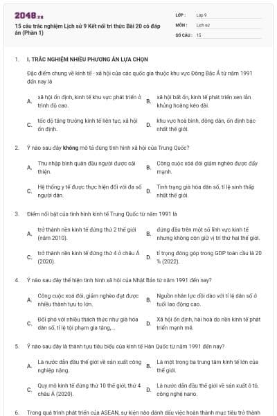 15 câu trắc nghiệm Lịch sử 9 Kết nối tri thức Bài 20 có đáp án (Phần 1)