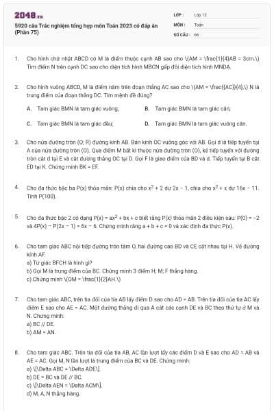 5920 câu Trắc nghiệm tổng hợp môn Toán 2023 có đáp án (Phần 75)