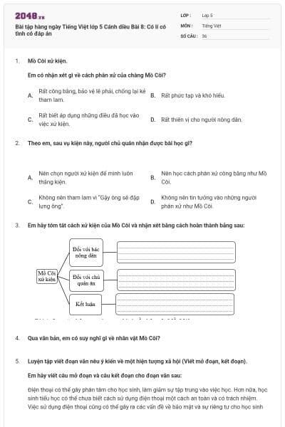 Bài tập hàng ngày Tiếng Việt lớp 5 Cánh diều Bài 8: Có lí có tình có đáp án