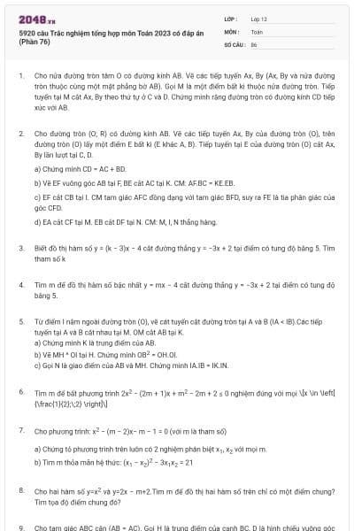 5920 câu Trắc nghiệm tổng hợp môn Toán 2023 có đáp án (Phần 76)
