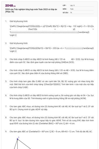 5920 câu Trắc nghiệm tổng hợp môn Toán 2023 có đáp án (Phần 78)