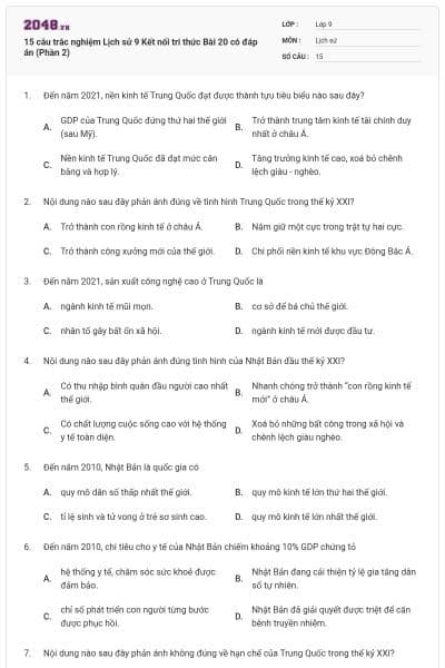 15 câu trắc nghiệm Lịch sử 9 Kết nối tri thức Bài 20 có đáp án (Phần 2)