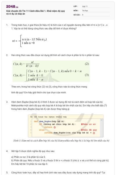 Giải chuyên đề Tin 11 Cánh diều Bài 1. Khái niệm đệ quy và ví dụ có đáp án