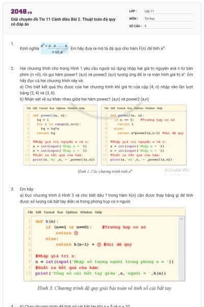 Giải chuyên đề Tin 11 Cánh diều Bài 2. Thuật toán đệ quy có đáp án