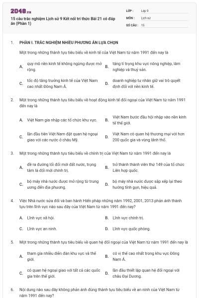 15 câu trắc nghiệm Lịch sử 9 Kết nối tri thức Bài 21 có đáp án (Phần 1)