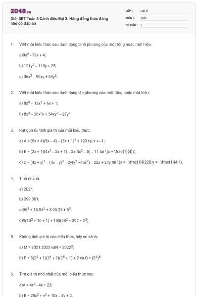 Giải SBT Toán 8 Cánh diều Bài 3. Hằng đẳng thức đáng nhớ có đáp án