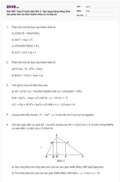 Giải SBT Toán 8 Cánh diều Bài 4. Vận dụng hằng đẳng thức vào phân tích đa thức thành nhân tử có đáp án