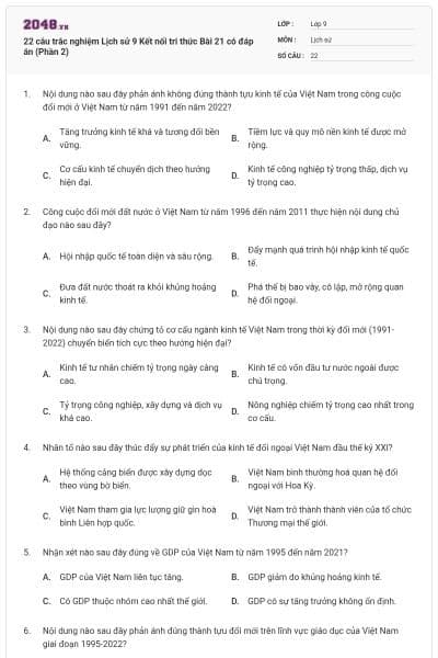 22 câu trắc nghiệm Lịch sử 9 Kết nối tri thức Bài 21 có đáp án (Phần 2)