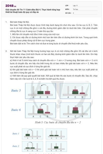Giải chuyên đề Tin 11 Cánh diều Bài 4. Thực hành tổng hợp thiết kế thuật toán đệ quy có đáp án