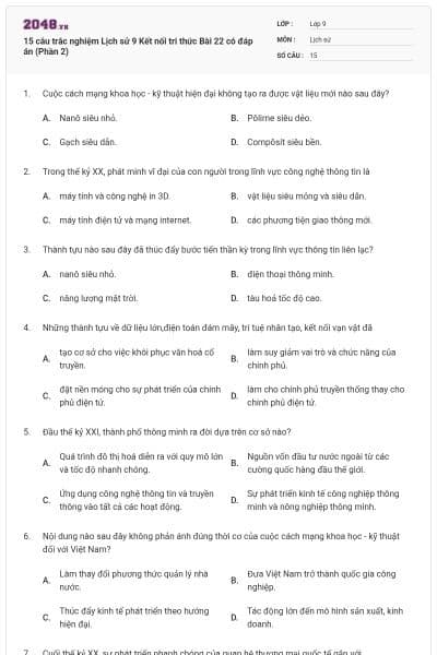 15 câu trắc nghiệm Lịch sử 9 Kết nối tri thức Bài 22 có đáp án (Phần 2)