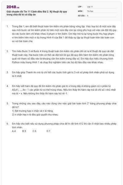 Giải chuyên đề Tin 11 Cánh diều Bài 2. Kỹ thuật đệ quy trong chia để trị có đáp án