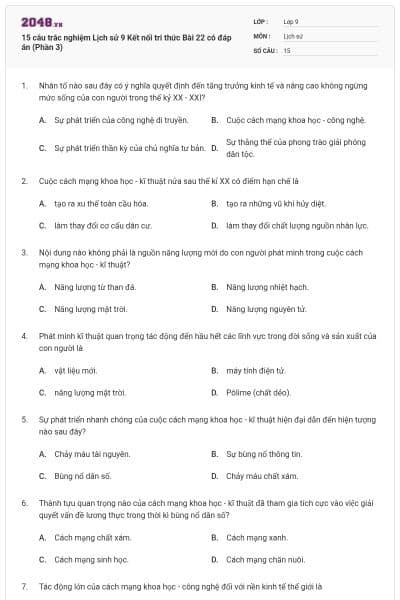 15 câu trắc nghiệm Lịch sử 9 Kết nối tri thức Bài 22 có đáp án (Phần 3)